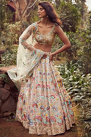 Blush Pink & Gold Embroidered Lehenga Set by Seema Gujral