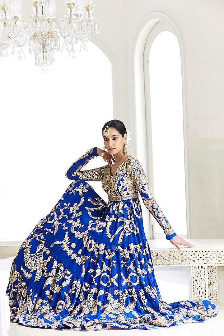 Royal Blue Embroidered Tiered Anarkali With Dupatta by Seema Gujral