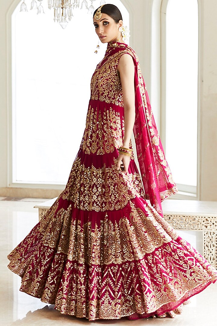 Rani Pink Embroidered Bridal Anarkali Lehenga Set by Seema Gujral at Pernia's Pop Up Shop