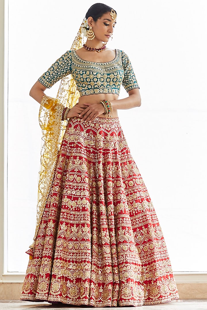 Red & Green Embroidered Lehenga Set by Seema Gujral