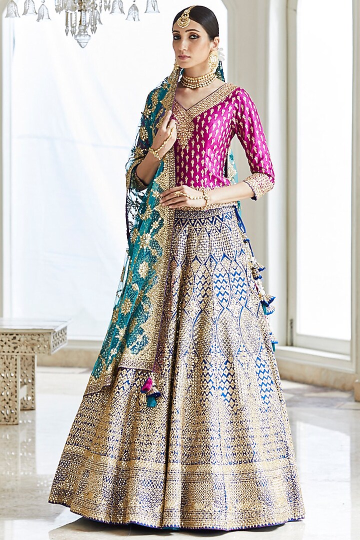 Blue & Pink Embroidered Bridal Lehenga Set by Seema Gujral at Pernia's Pop Up Shop