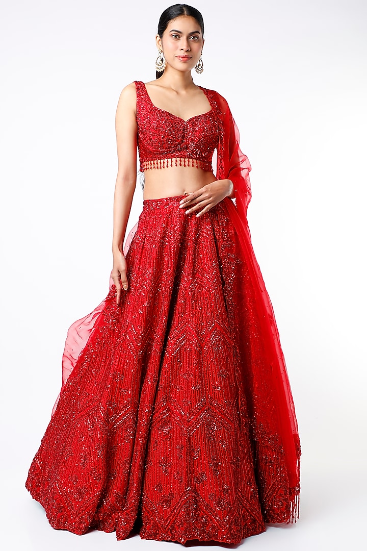 Red Sequins Embroidered Lehenga Set by Seema Gujral