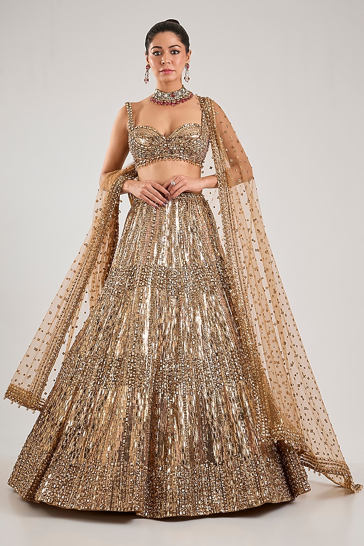 Gold Net Crystal Embroidered Bridal Lehenga Set by Seema Gujral at Pernia's Pop Up Shop