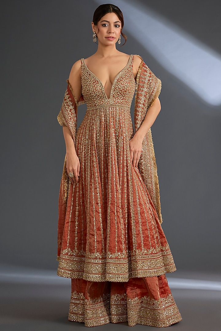 Burnt Orange Tissue Silk Gota Patti Embroidered Bridal Sharara Set by Seema Gujral at Pernia's Pop Up Shop