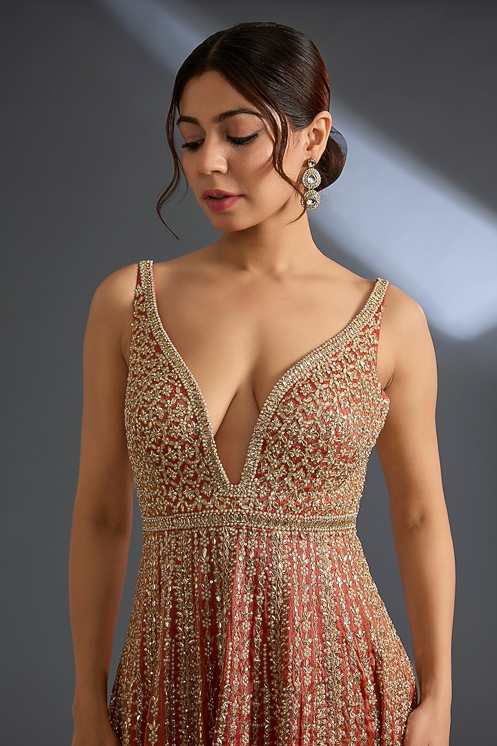 Burnt Orange Tissue Silk Gota Patti Embroidered Bridal Sharara Set by Seema Gujral at Pernia's Pop Up Shop