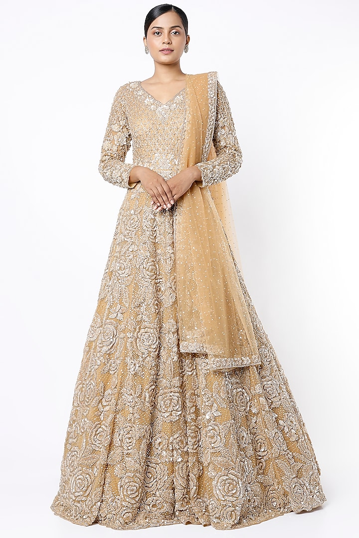 Gold Embroidered Anarkali Set by Seema Gujral