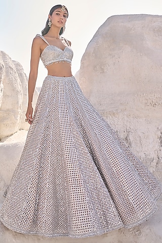 Coffee Silver Net Geometric Pattern Lehenga Set by Seema Gujral