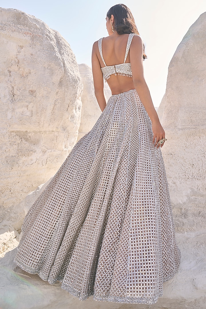Coffee Silver Net Geometric Pattern Bridal Lehenga Set by Seema Gujral at Pernia's Pop Up Shop
