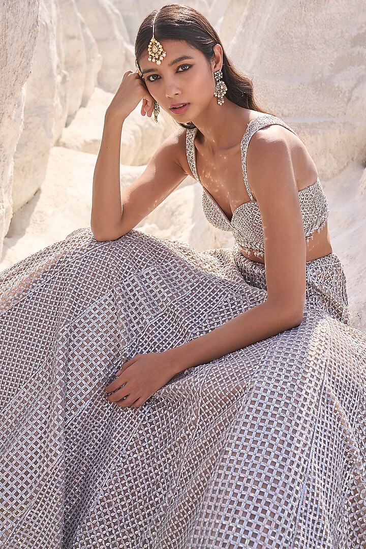 Coffee Silver Net Geometric Pattern Bridal Lehenga Set by Seema Gujral at Pernia's Pop Up Shop
