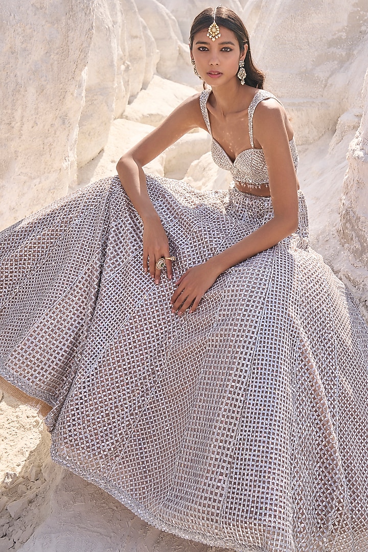Coffee Silver Net Geometric Pattern Bridal Lehenga Set by Seema Gujral at Pernia's Pop Up Shop