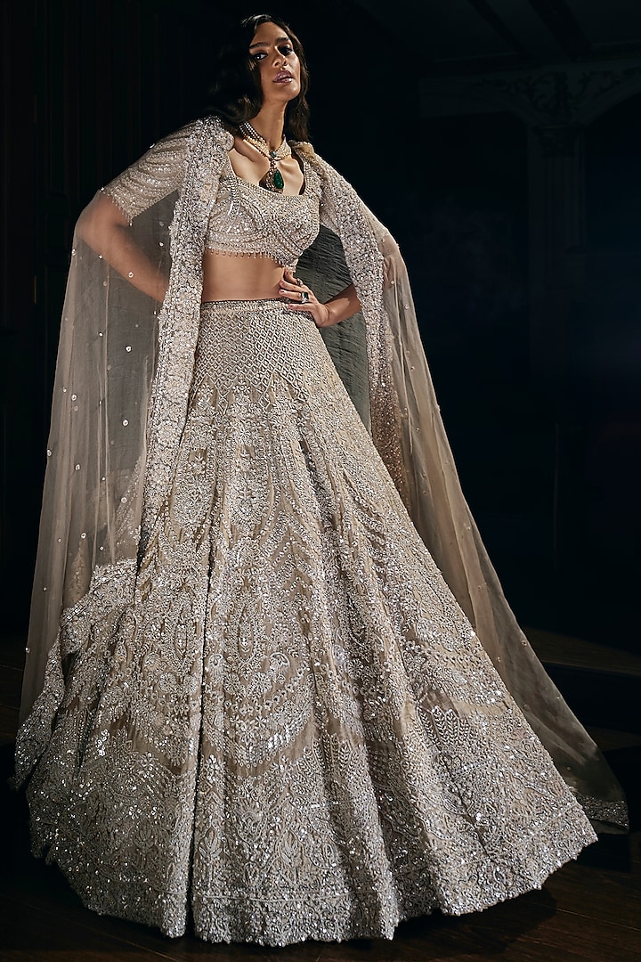 Nude Raw Silk Pearl & Sequins Embroidered Bridal Lehenga Set by Seema Gujral at Pernia's Pop Up Shop