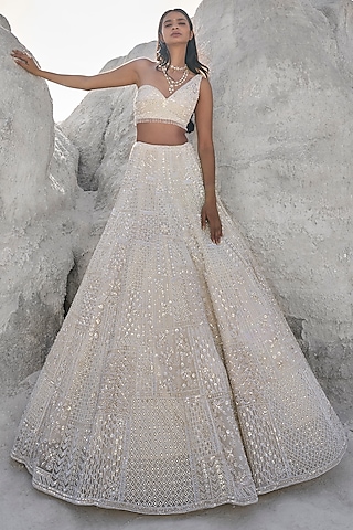 Ivory Net Sequins & Pearl Embroidered Lehenga Set by Seema Gujral