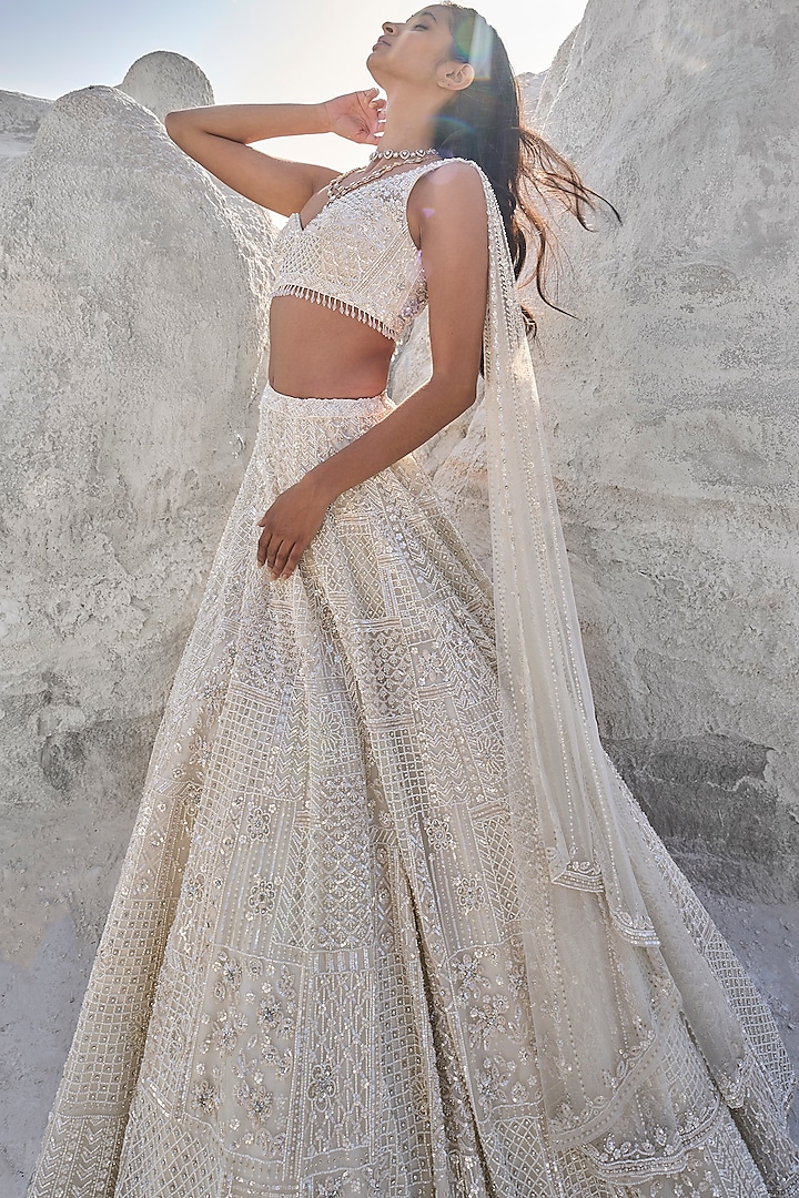 Ivory Net Sequins & Pearl Embroidered Bridal Lehenga Set by Seema Gujral at Pernia's Pop Up Shop