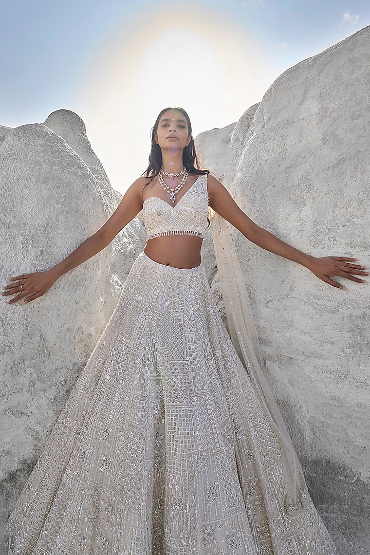 Ivory Net Sequins & Pearl Embroidered Bridal Lehenga Set by Seema Gujral at Pernia's Pop Up Shop