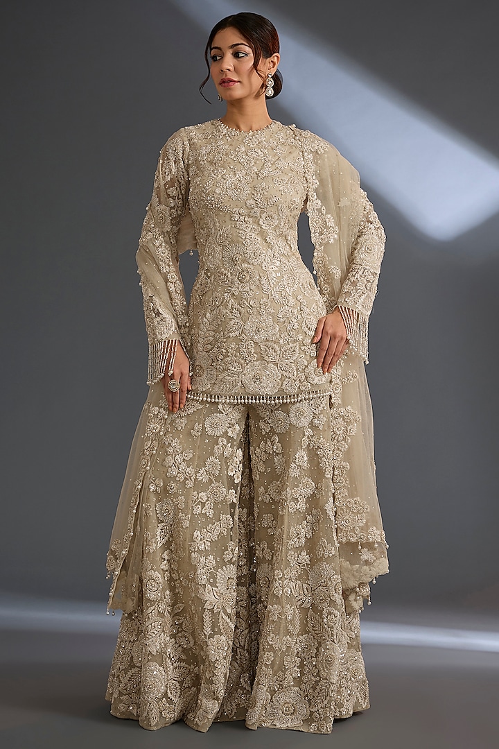 Nude Net Bead Embroidered Bridal Sharara Set by Seema Gujral at Pernia's Pop Up Shop