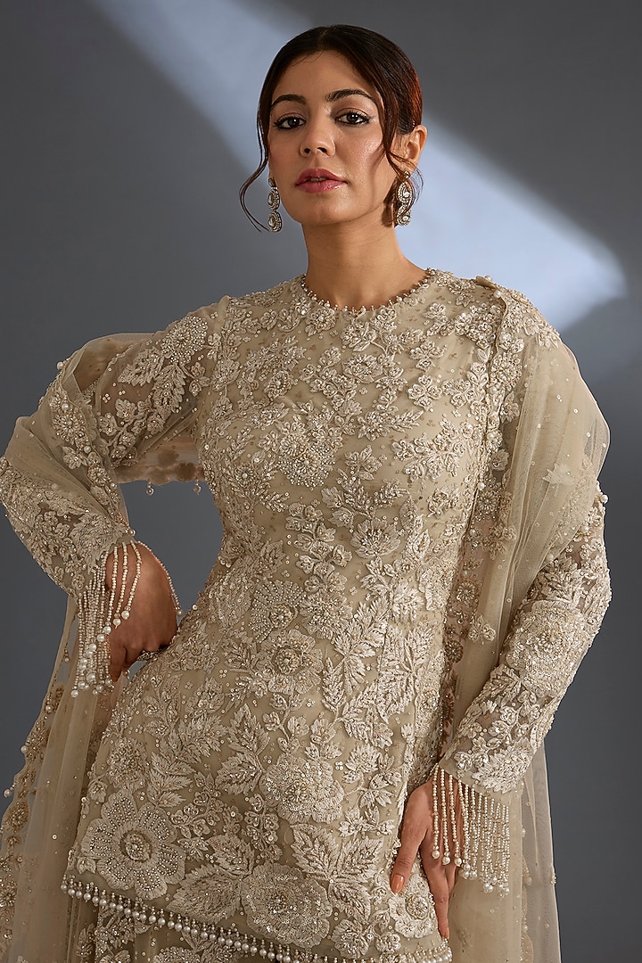 Nude Net Bead Embroidered Bridal Sharara Set by Seema Gujral at Pernia's Pop Up Shop