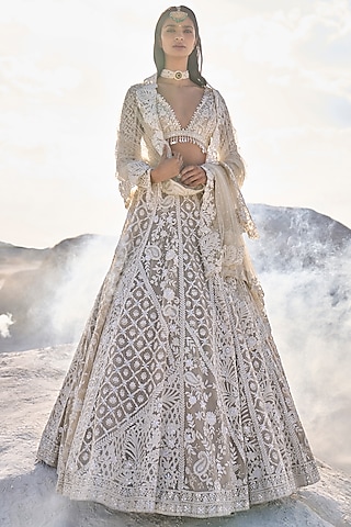 Nude Net Pearl Embroidered Lehenga Set by Seema Gujral
