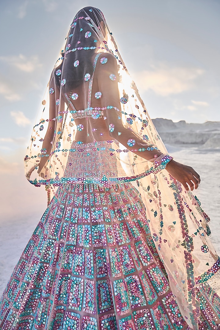 Blush Pink Net Mirror Embroidered Bridal Lehenga Set by Seema Gujral at Pernia's Pop Up Shop