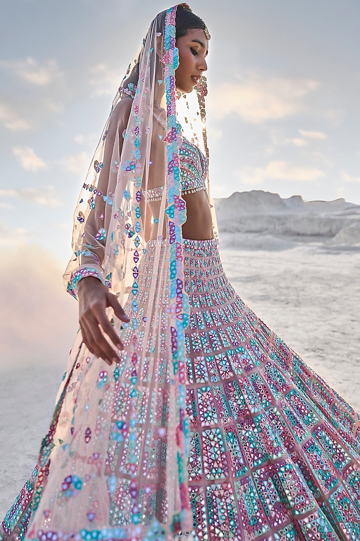 Blush Pink Net Mirror Embroidered Bridal Lehenga Set by Seema Gujral at Pernia's Pop Up Shop