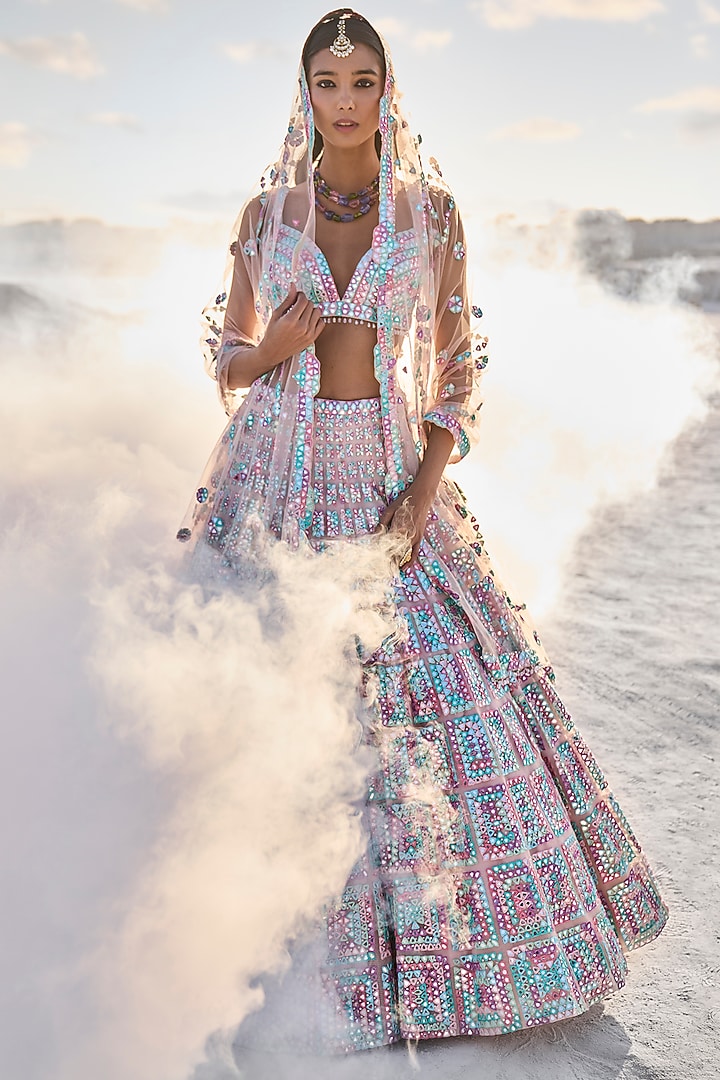 Blush Pink Net Mirror Embroidered Bridal Lehenga Set by Seema Gujral at Pernia's Pop Up Shop