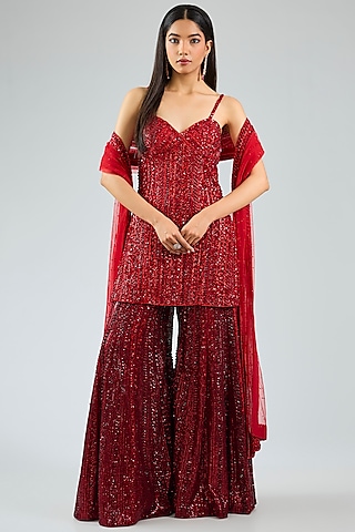 Red Net Embroidered Sharara Set by Seema Gujral