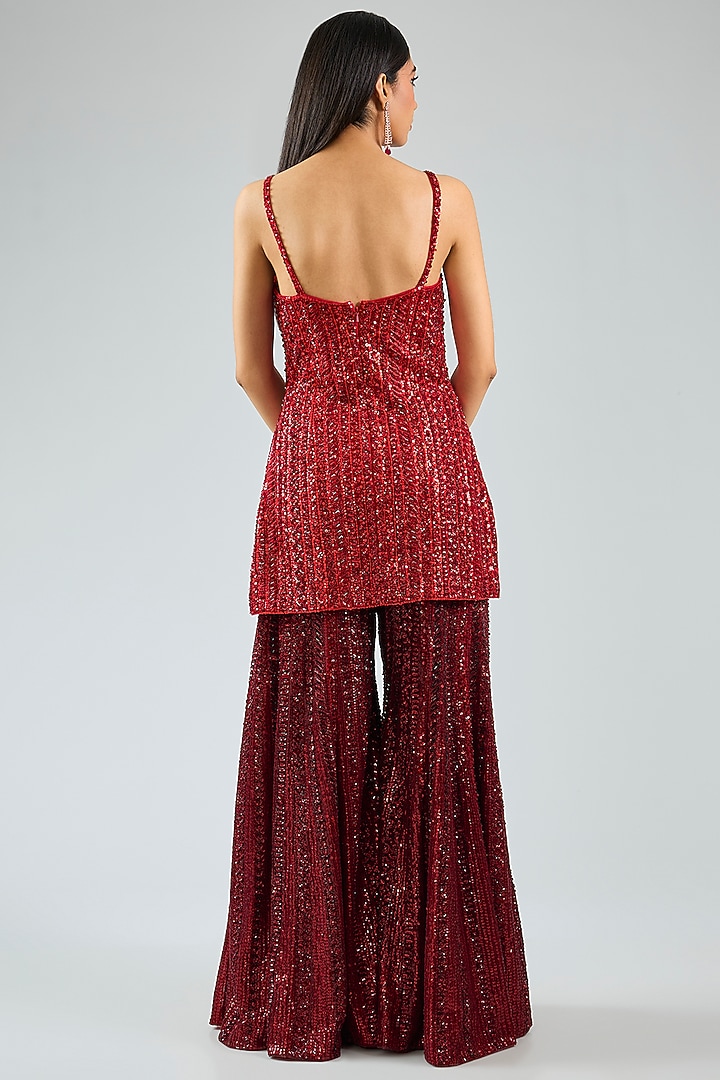 Red Net Embroidered Bridal Sharara Set by Seema Gujral at Pernia's Pop Up Shop