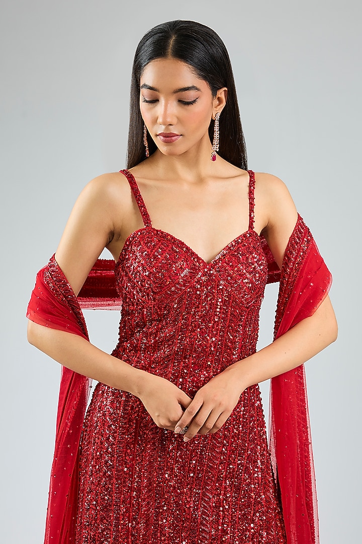 Red Net Embroidered Bridal Sharara Set by Seema Gujral at Pernia's Pop Up Shop