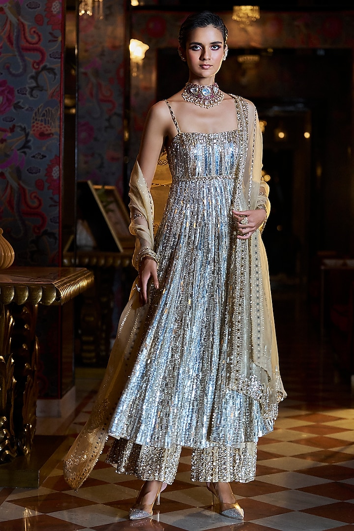 Silver & Gold Net Sequins Embroidered Sharara Set by Seema Gujral at Pernia's Pop Up Shop