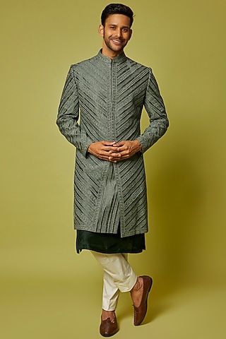 Metallic Raw Silk Dori Embroidered Sherwani Set by Seema Gujral Men
