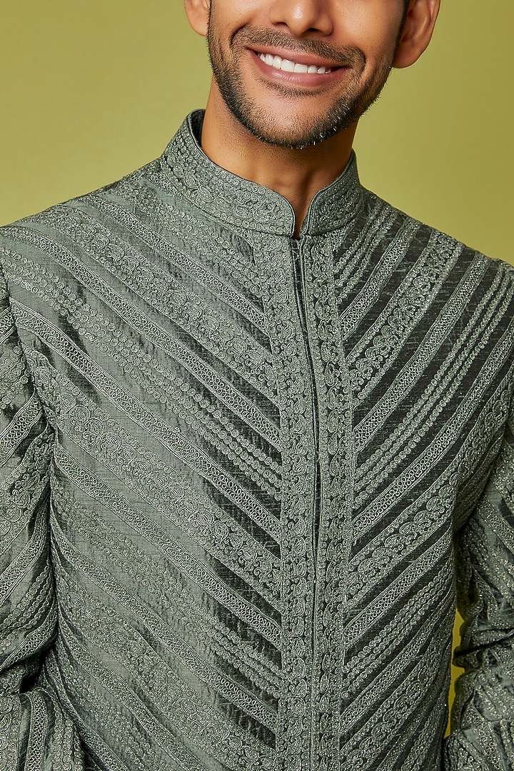 Metallic Raw Silk Dori Embroidered Groom Sherwani Set by Seema Gujral Men at Pernia's Pop Up Shop