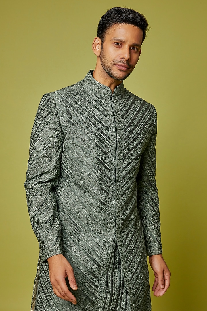 Metallic Raw Silk Dori Embroidered Groom Sherwani Set by Seema Gujral Men at Pernia's Pop Up Shop