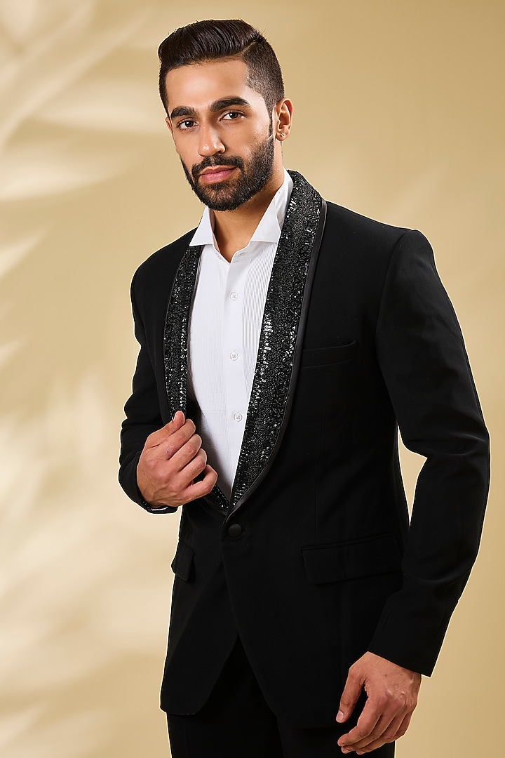 Black Suiting Fabric Embroidered Tuxedo Set by Seema Gujral Men at Pernia's Pop Up Shop