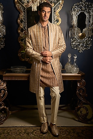 Beige Raw Silk Embroidered Indowestern Set by Seema Gujral Men