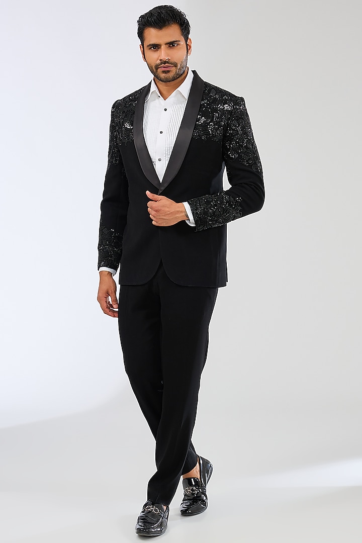 Black Satin Bugle Bead Embroidered Tuxedo Set by Seema Gujral Men at Pernia's Pop Up Shop