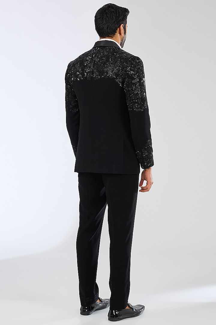 Black Satin Bugle Bead Embroidered Tuxedo Set by Seema Gujral Men at Pernia's Pop Up Shop