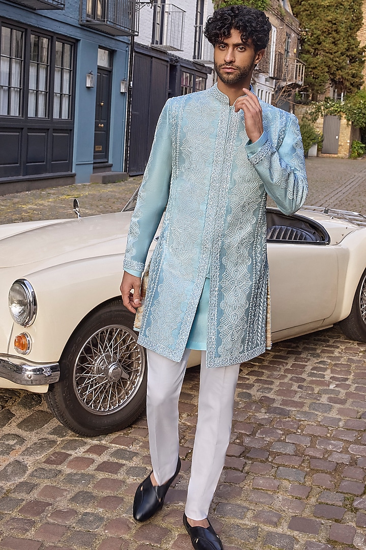 Powder Blue Silk Thread Embroidered Sherwani Set by Seema Gujral Men