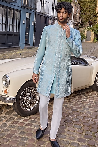 Powder Blue Silk Thread Embroidered Sherwani Set by Seema Gujral Men