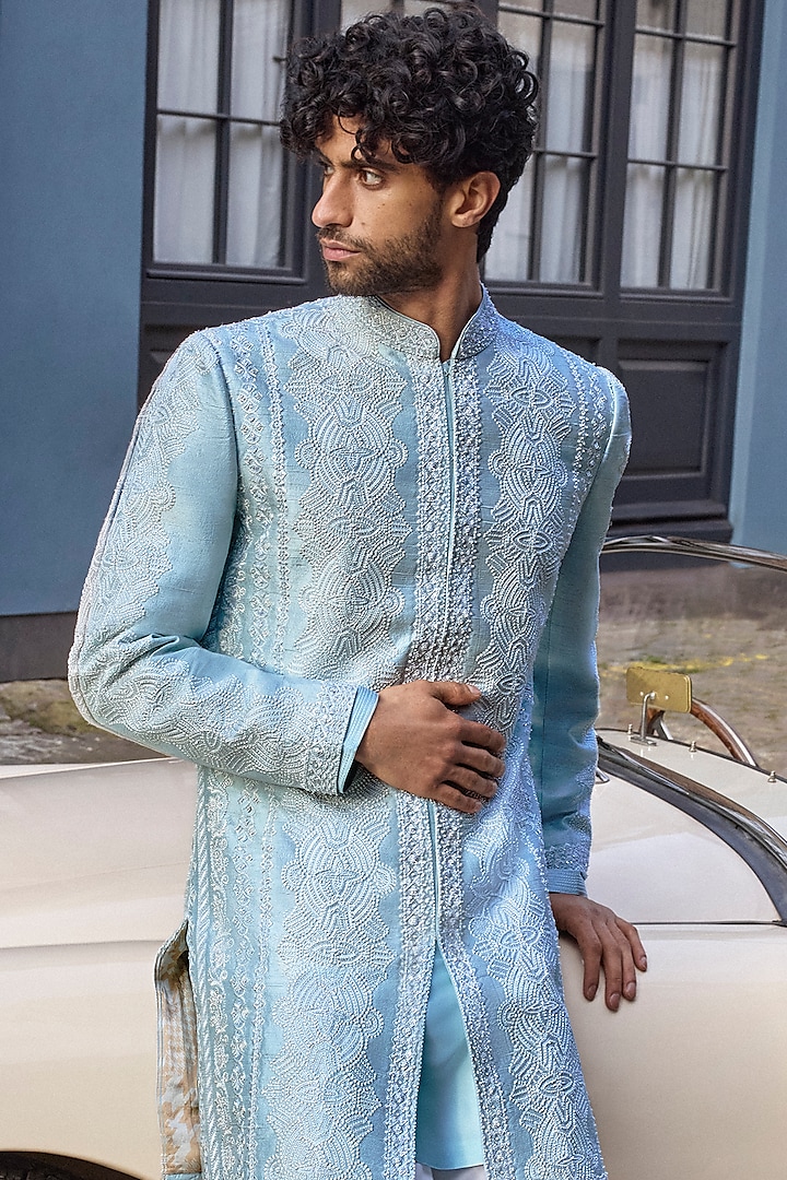 Powder Blue Silk Thread Embroidered Groom Sherwani Set by Seema Gujral Men at Pernia's Pop Up Shop