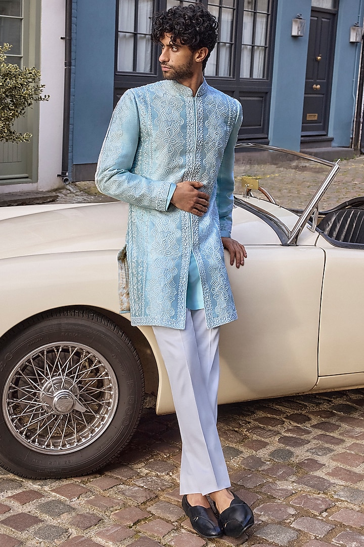 Powder Blue Silk Thread Embroidered Groom Sherwani Set by Seema Gujral Men at Pernia's Pop Up Shop