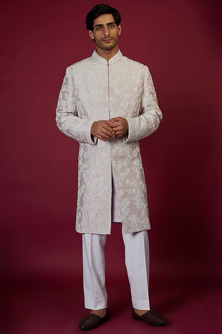 Mauve Raw Silk Pearl Embroidered Groom Sherwani Set by Seema Gujral Men at Pernia's Pop Up Shop