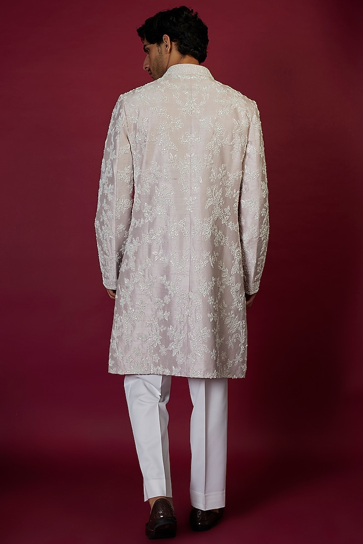 Mauve Raw Silk Pearl Embroidered Groom Sherwani Set by Seema Gujral Men at Pernia's Pop Up Shop