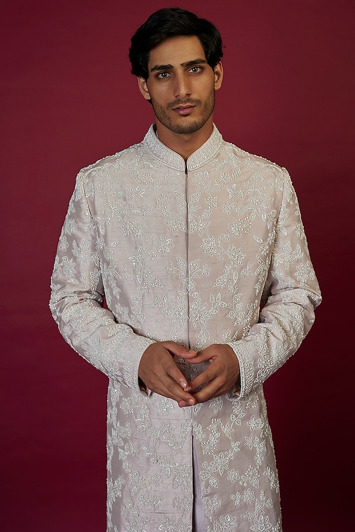 Mauve Raw Silk Pearl Embroidered Groom Sherwani Set by Seema Gujral Men at Pernia's Pop Up Shop