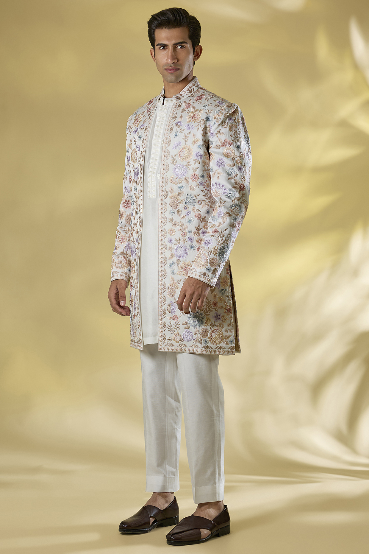 Multi-Colored Matka Silk Thread Embroidered Open Sherwani Set by Seema Gujral Men