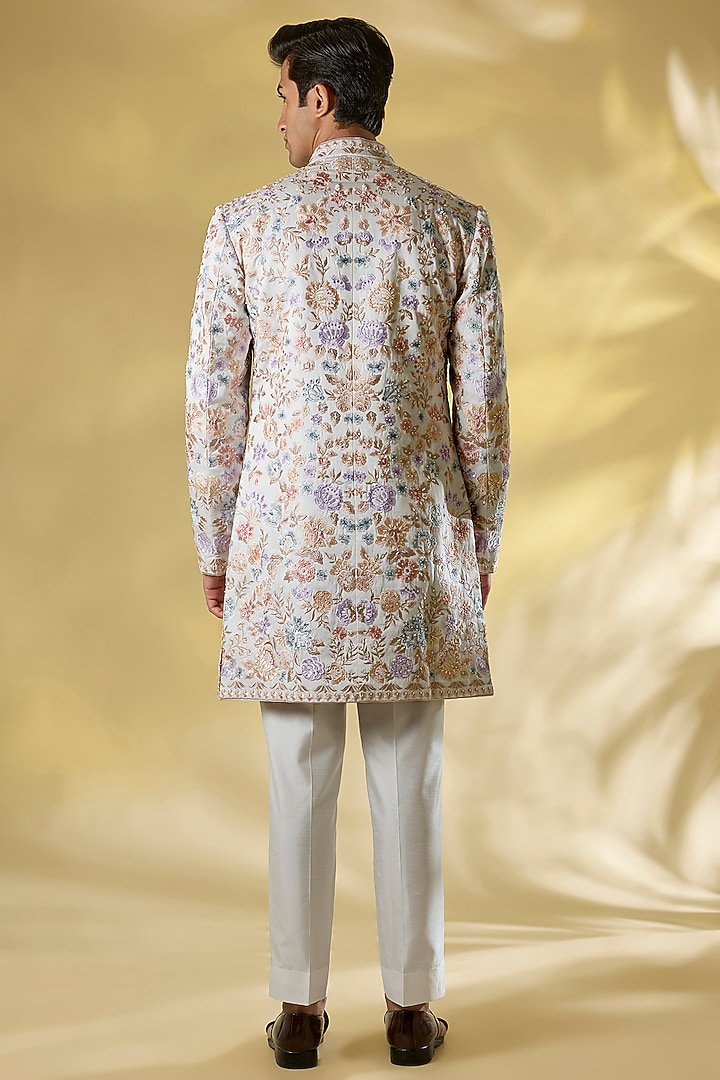 Multi-Colored Matka Silk Thread Embroidered Open Groom Sherwani Set by Seema Gujral Men at Pernia's Pop Up Shop
