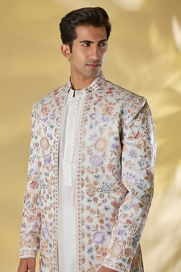 Multi-Colored Matka Silk Thread Embroidered Open Groom Sherwani Set by Seema Gujral Men at Pernia's Pop Up Shop