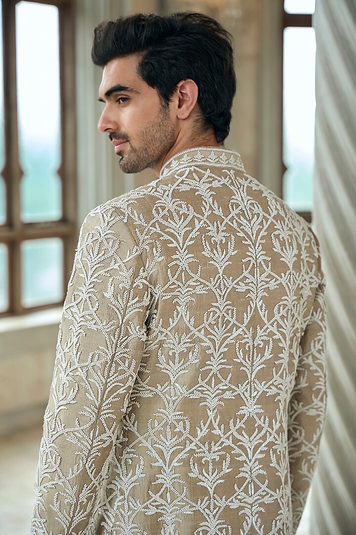 Coffee-Colored Raw Silk Pearl Embroidered Groom Sherwani Set by Seema Gujral Men at Pernia's Pop Up Shop