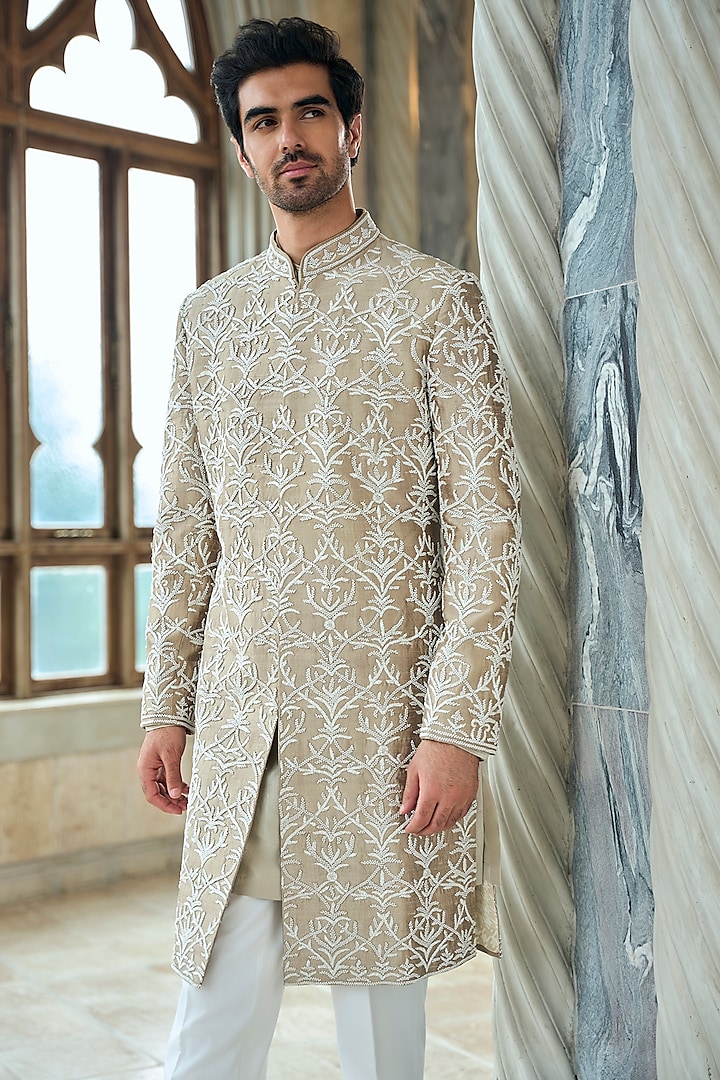 Coffee-Colored Raw Silk Pearl Embroidered Groom Sherwani Set by Seema Gujral Men at Pernia's Pop Up Shop