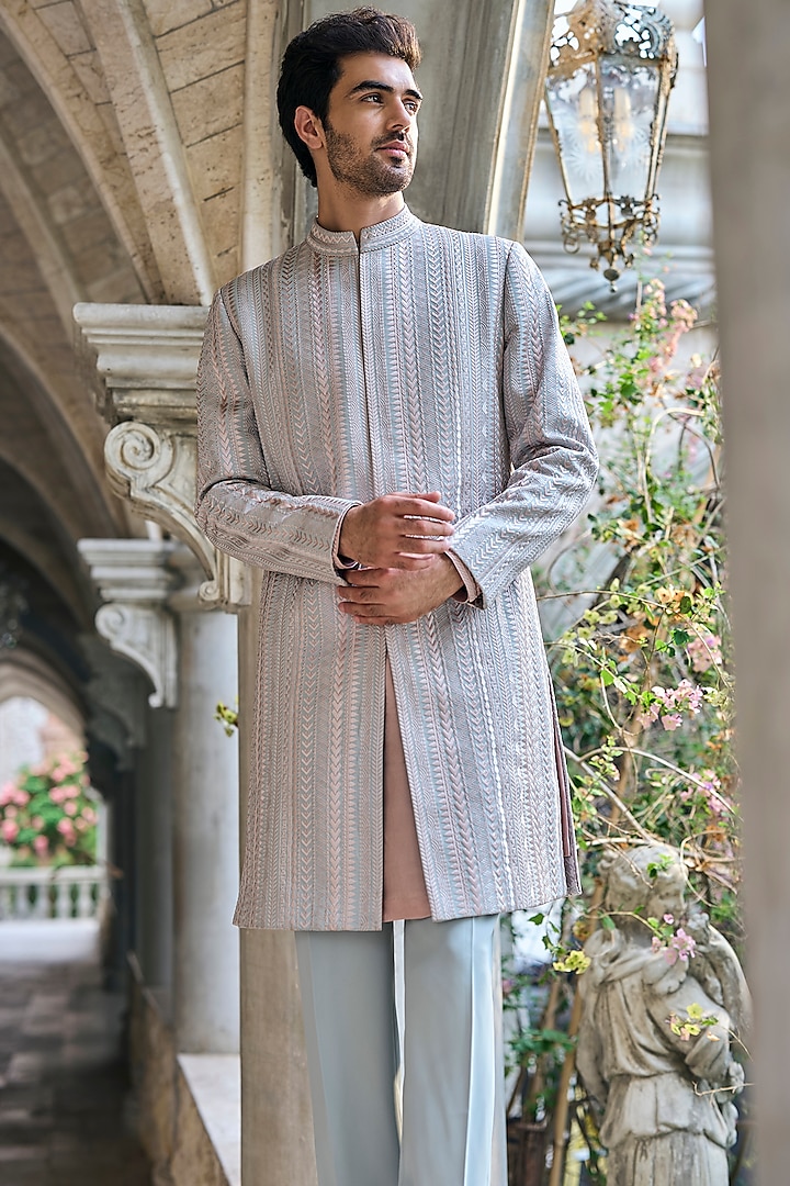 Sage Green Italian Crepe Thread Embroidered Sherwani Set by Seema Gujral Men