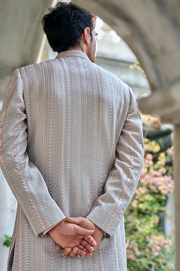 Sage Green Italian Crepe Thread Embroidered Groom Sherwani Set by Seema Gujral Men at Pernia's Pop Up Shop