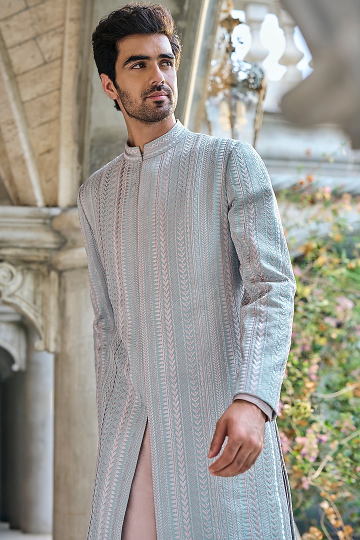 Sage Green Italian Crepe Thread Embroidered Groom Sherwani Set by Seema Gujral Men at Pernia's Pop Up Shop